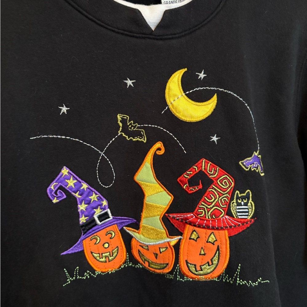 White Stag black Halloween sweatshirt Large witch hats pumpkins embroidery EUC - Picture 2 of 4